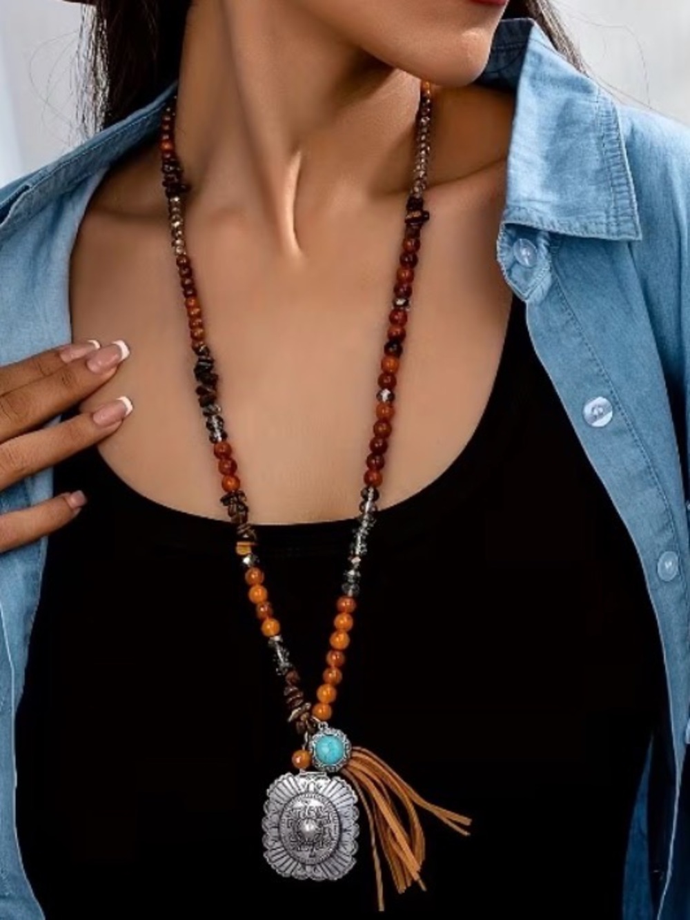 Western Bohemian Brown Beaded Pendant Necklace with Synthetic Turquoise Accent